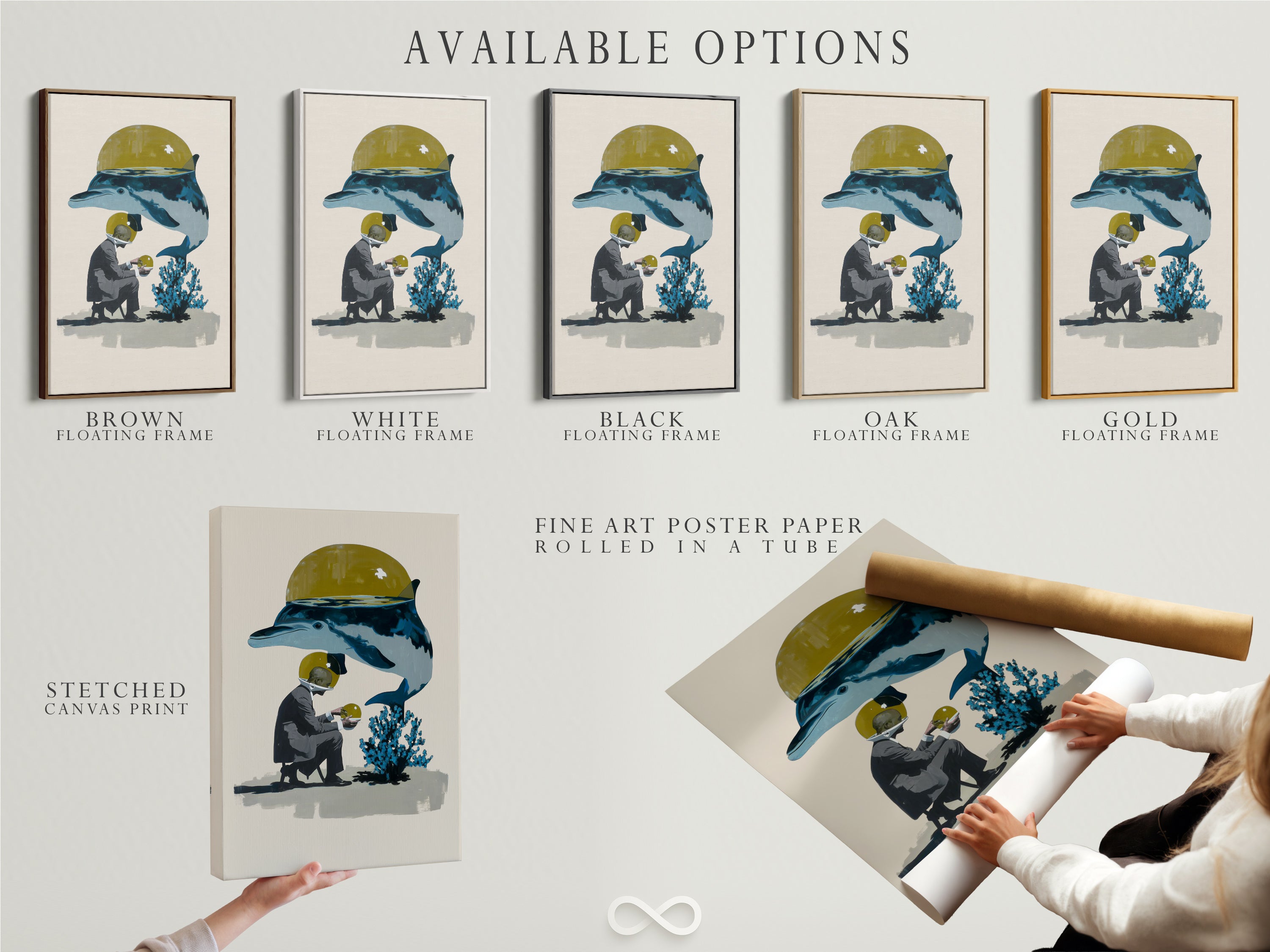 Available options for this artwork include a stretched canvas print a fine art poster and a floating frame. The artwork features a diver and a whale. Customize this contemporary marine life art to suit your style. Perfect for any space.