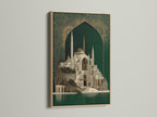 A captivating Islamic Architecture Canvas Artwork is framed in oak. The print features a stunning mosque with emerald green and gold details. This piece adds a touch of Middle Eastern charm to your space. Enhance your home with this exquisite mosque wall art.