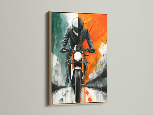 Motorcycle Artwork with Oak Frame. This vintage biker art is showcased in a beautiful oak frame. The orange and teal road poster adds a touch of retro style to any space. Ideal for homeowners automotive shop owners and business owners.