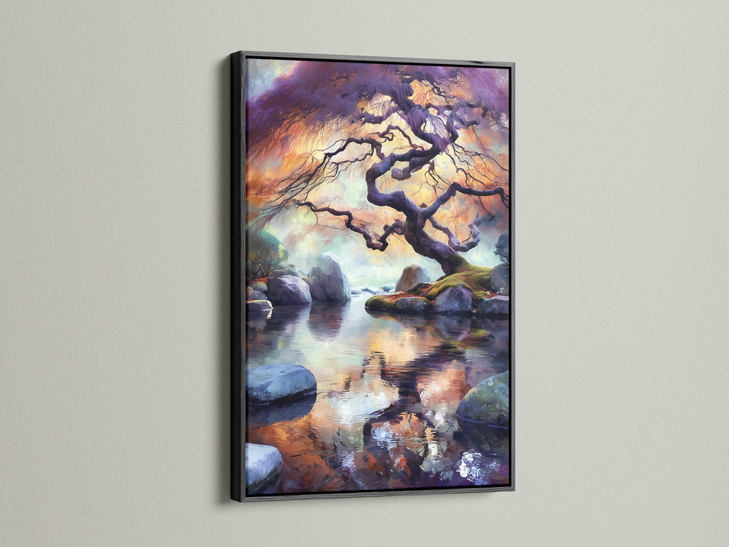 The Japanese Tree Canvas Print is presented in a sleek black frame. The zen wall art showcases a stunning water reflection. This Asian landscape artwork is perfect for studios. This peaceful wall art creates a serene environment. This Japanese artwork adds elegance.