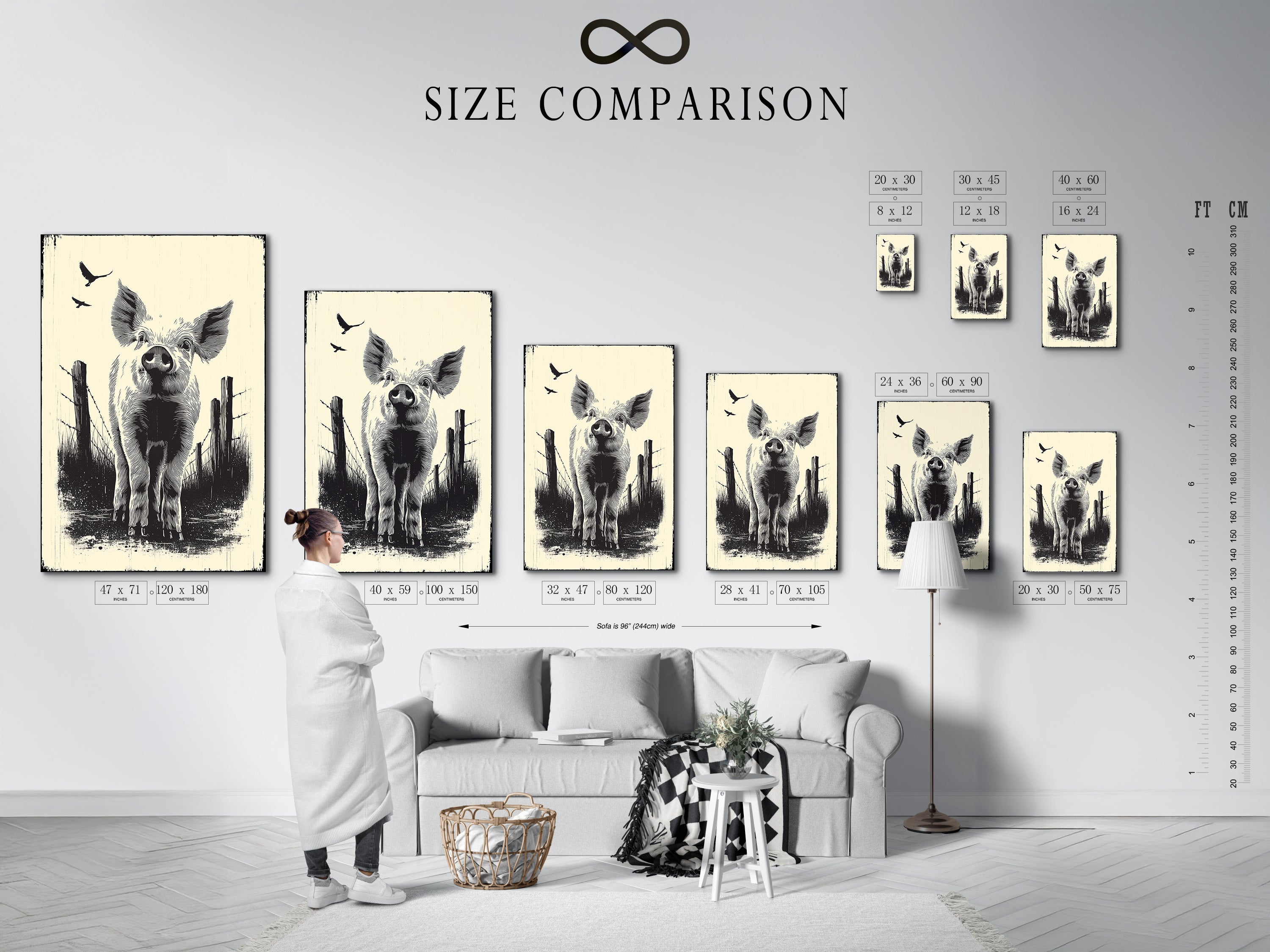 Size comparison chart in an interior setting. Choose the perfect size for your pig wall art. Farm animal prints enhance any country home decor. The rustic kitchen art complements farmhouse artwork.