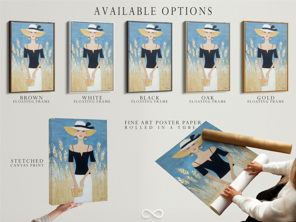 Explore available options for the Elegant Woman Artwork. Options include stretched canvas print fine art poster paper and floating frame. This chic fashion wall art is perfect for boutique decor. Customize your stylish print today.