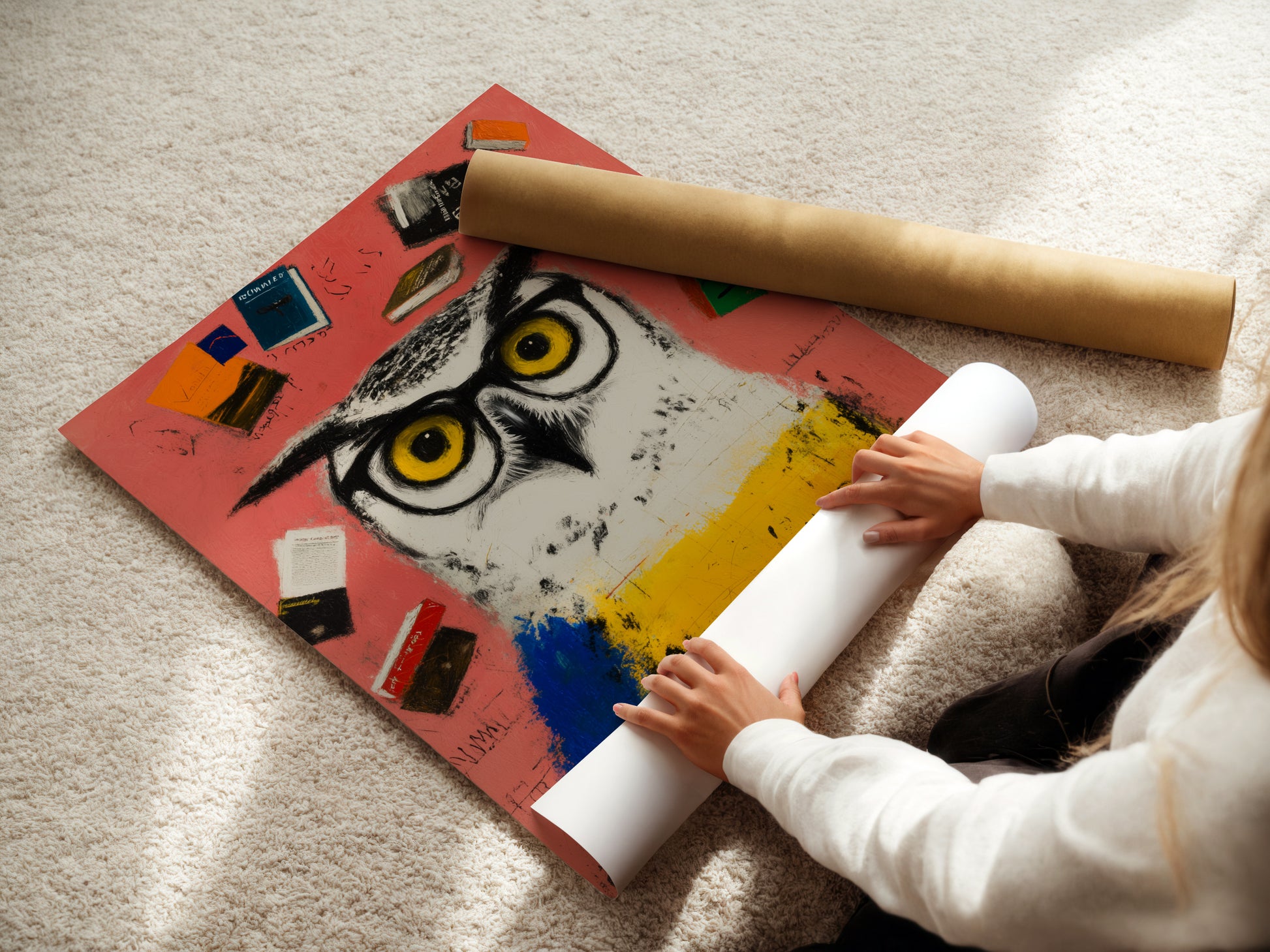 A woman rolling a fine art poster paper featuring the Scholarly Owl artwork. High-quality print perfect for framing. Ideal for study room decor or library art. This whimsical animal wall art is a great student gift. Add a touch of academic charm to any space with this print.