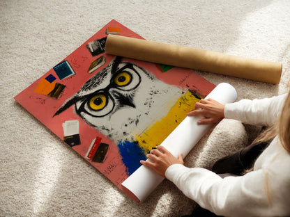 A woman rolling a fine art poster paper featuring the Scholarly Owl artwork. High-quality print perfect for framing. Ideal for study room decor or library art. This whimsical animal wall art is a great student gift. Add a touch of academic charm to any space with this print.