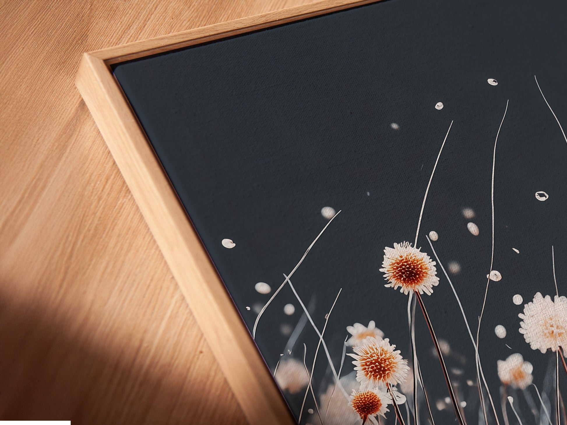 This is an angled close up of a canvas print. The floating frame adds depth and dimension. Floating frames make your art stand out. It's like having a personal art exhibit.