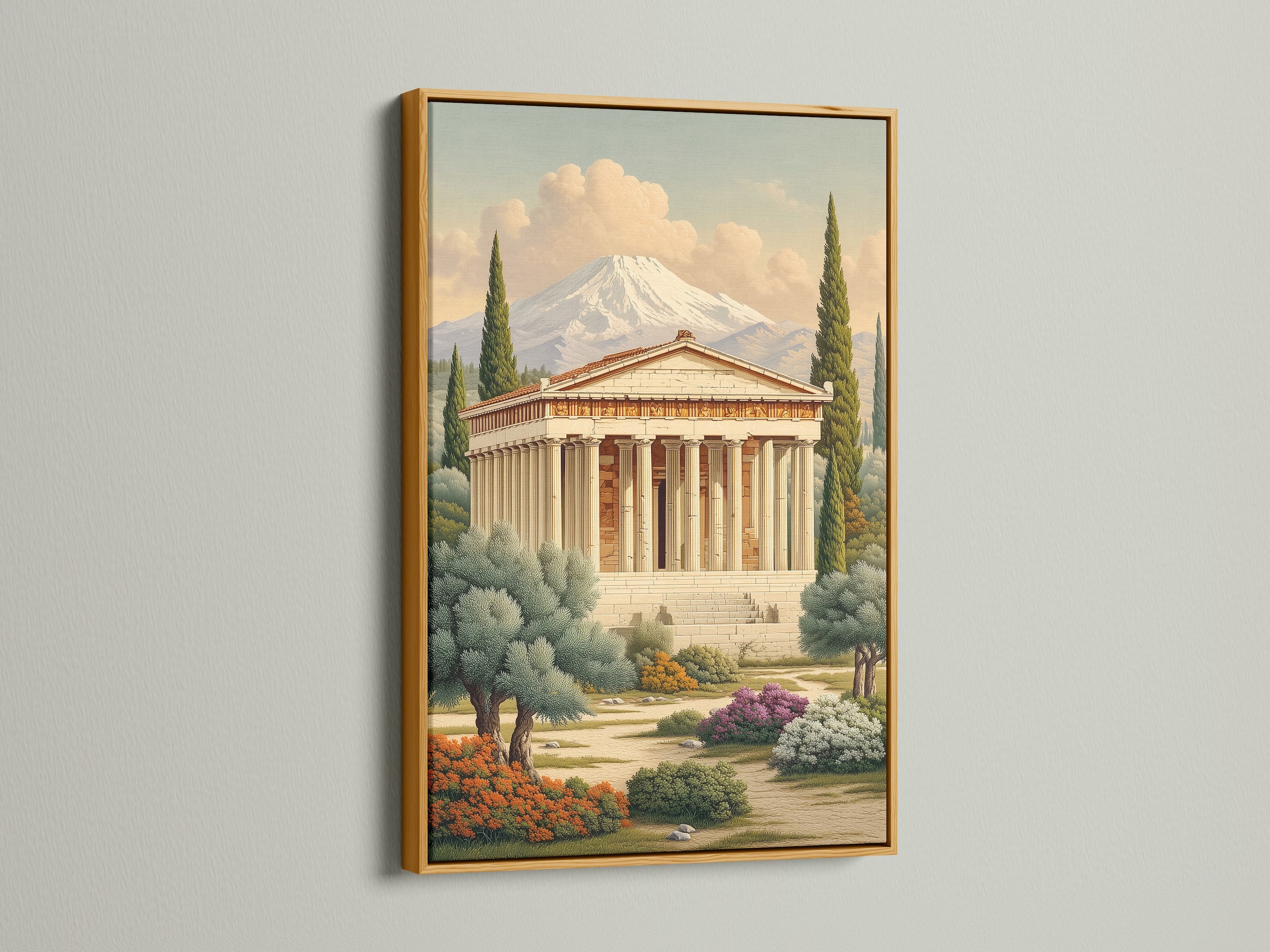 Greek Temple artwork with a gold frame. This luxurious touch enhances the Greek columns art. Perfect for adding a touch of Art Deco style to your decor. Elevate your historical wall art collection with this stunning framed print.