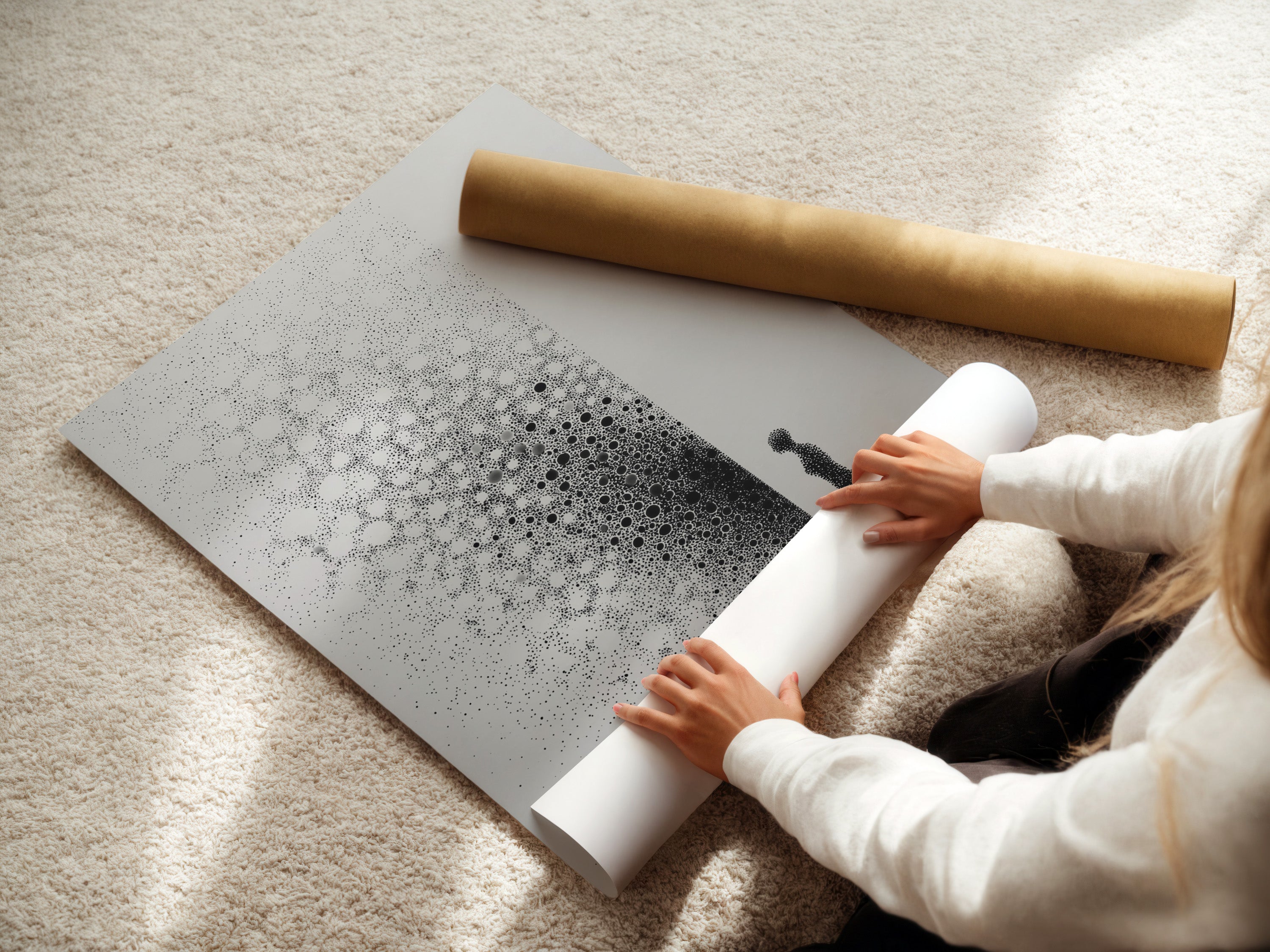 This image shows a woman rolling fine art poster paper. The smooth paper is archival quality. It ensures your prints last for years. This paper enhances color and detail. It is perfect for high-end art prints