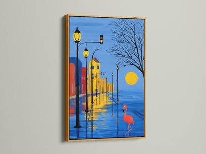 Cityscape canvas print with a gold frame. This flamingo artwork brings a touch of elegance to your walls. The modern blue and yellow decor enhances any room. Ideal for adding a pop of color to studios cafes and boardrooms.