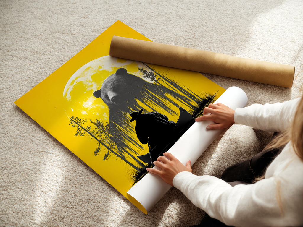 A woman is shown carefully rolling a fine art poster paper. The poster features the Bear and Canoe artwork. The fine art paper ensures a high-quality print. Perfect for art enthusiasts and collectors. This print is ready to frame and display. It will add a touch of nature to your home decor.