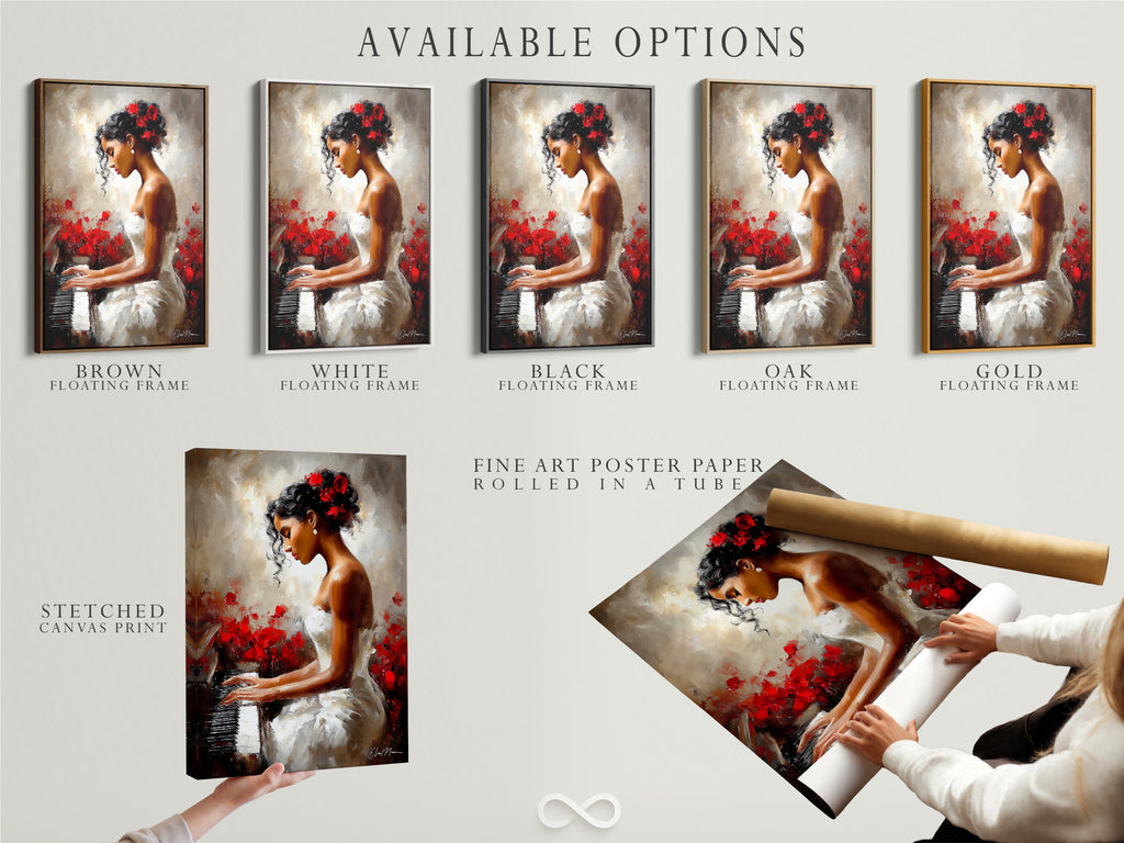 Available options are displayed. They include a stretched canvas print. They include a fine art poster paper. They include a floating frame. These choices allow customization. This ensures the artwork fits any style. The artwork features a woman playing piano.