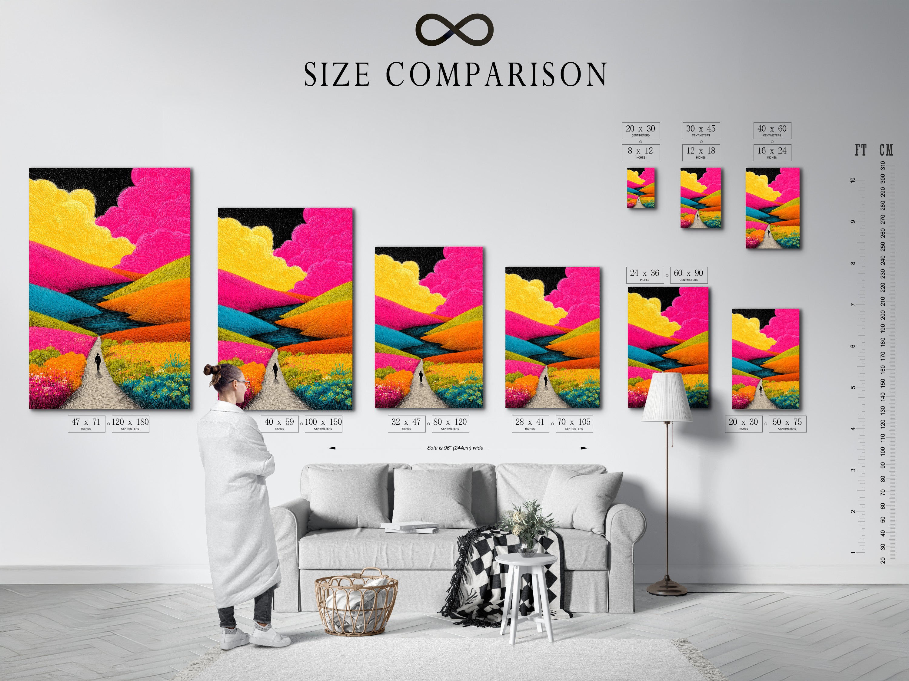 This is a size comparison chart in an interior. This chart helps visualize art dimensions. Compare sizes to find the perfect fit for your space. See how different sizes look on a wall. Choose the ideal size for your needs.