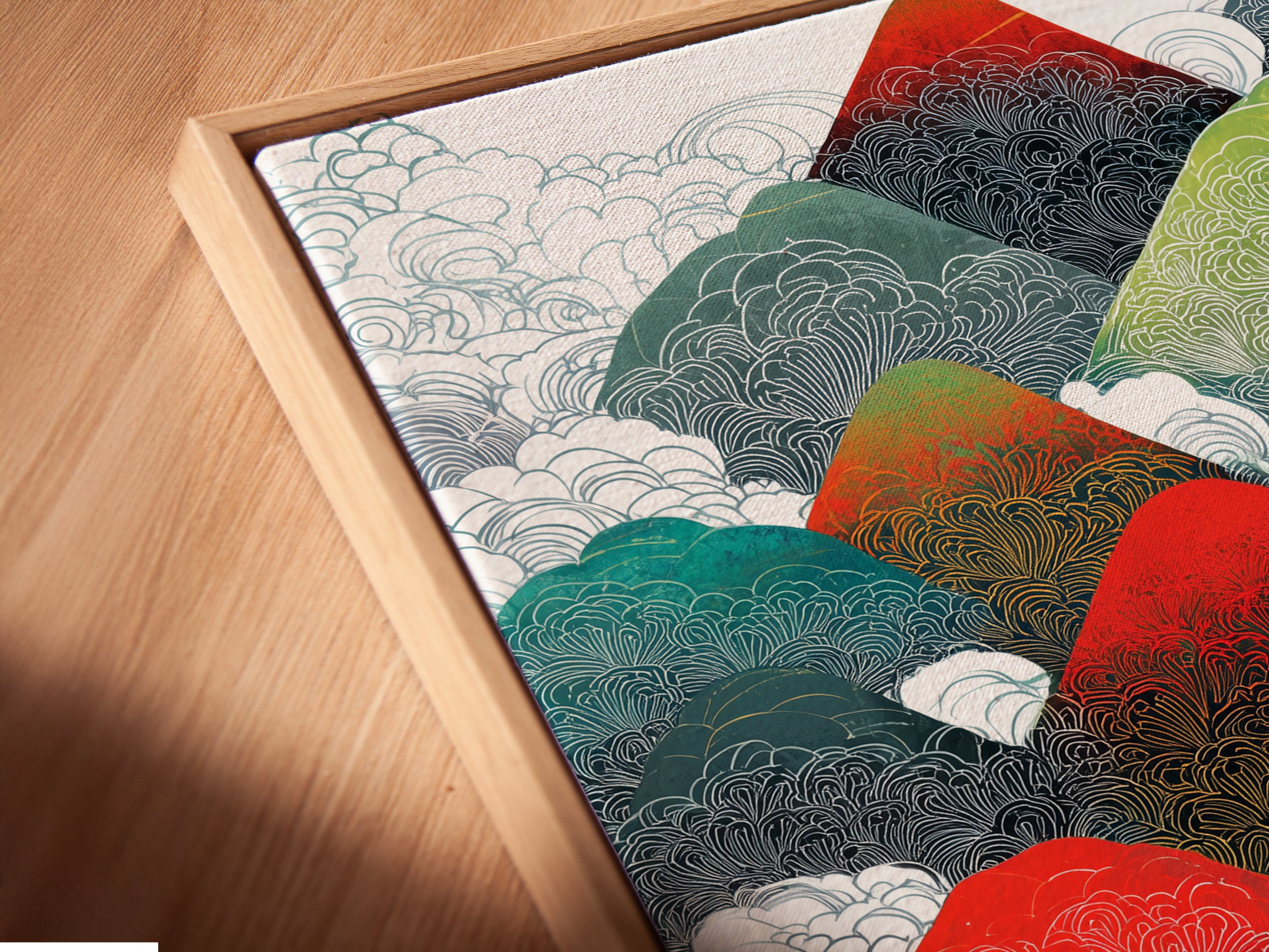 An angled close-up reveals a canvas print in a floating frame. The print features a mountain range artwork. The floating frame enhances the abstract landscape canvas. It creates a modern stylish display for colorful nature wall decor. Perfect for any contemporary space.