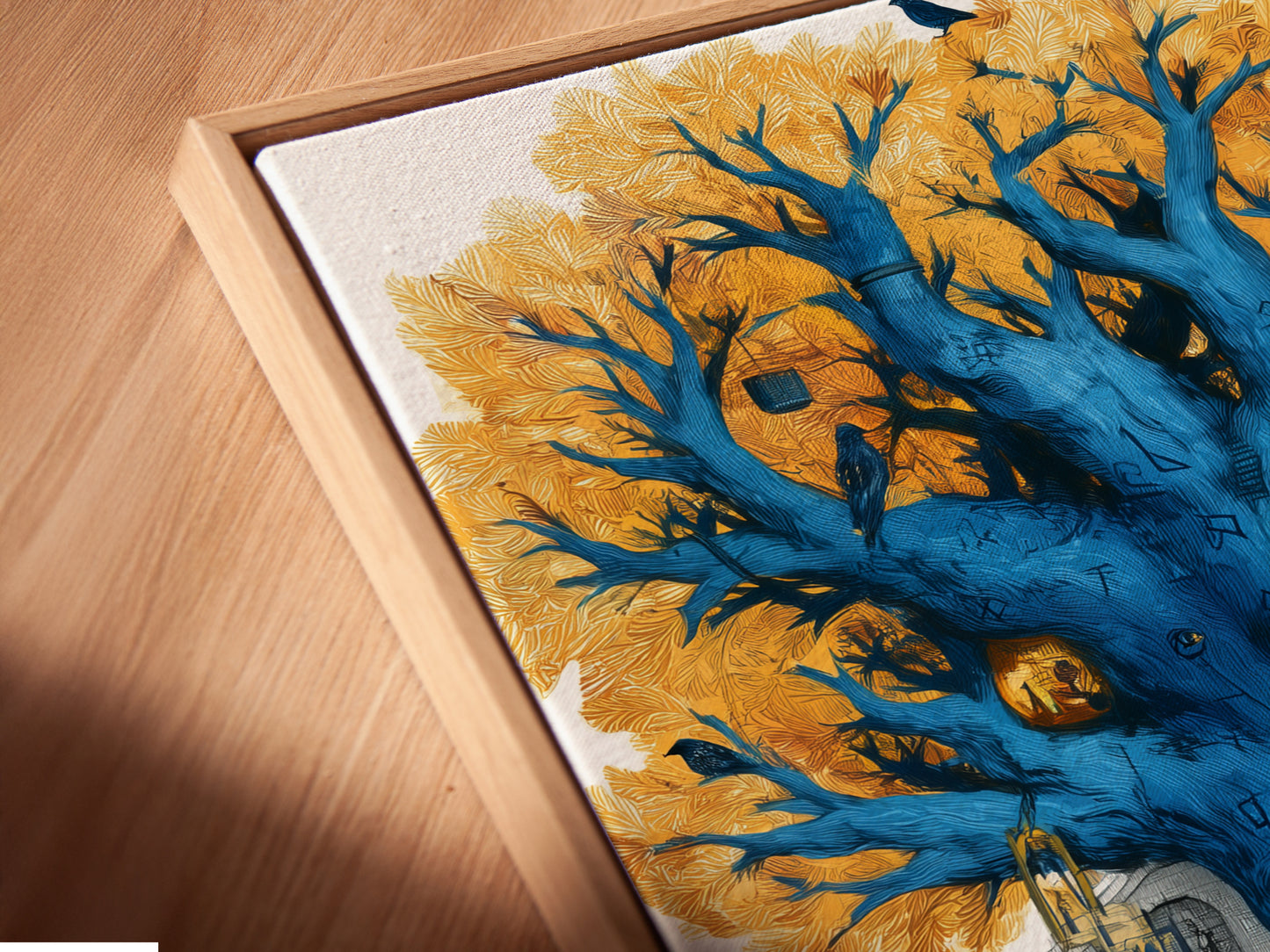 Angled close up of the Surreal Clock Tree canvas print in a floating frame. The artwork shows a blue tree with a clock at its base set against a building. Black birds sit in the trees golden leaves. The tree's trunk is a vibrant blue.