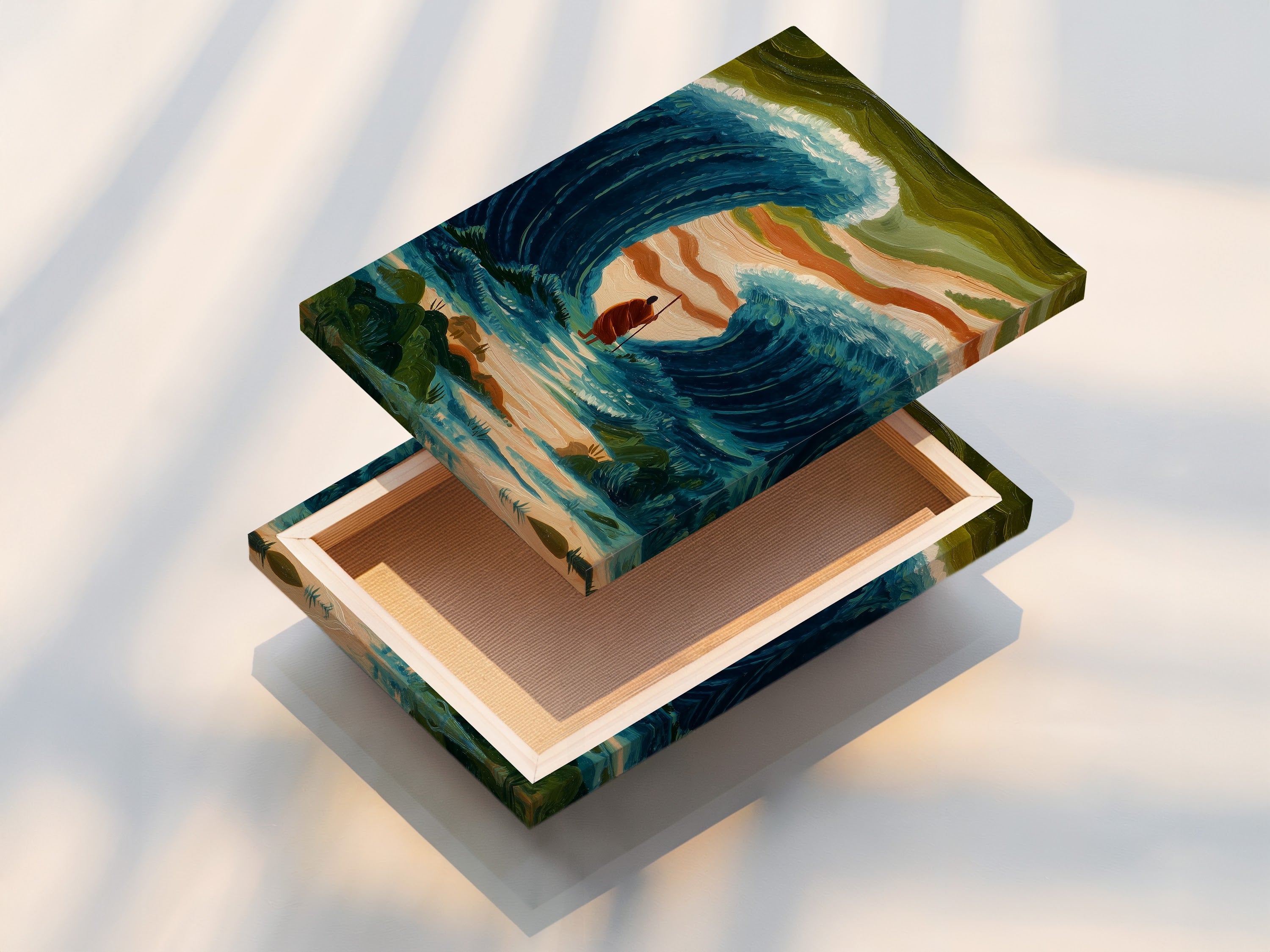 A stretched canvas print ready to hang. The canvas is tightly stretched over a wooden frame. The print quality is vibrant and detailed. It provides a gallery-worthy appearance. It is a durable and long-lasting art display option.