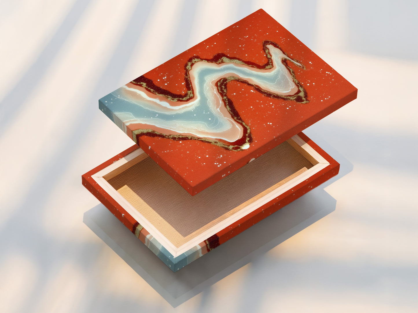 This stretched canvas print showcases abstract river art. The flowing water artwork is ready to hang. Coral orange and teal tones bring modern flair. Perfect for living rooms bedrooms and boutiques. Elevate your space with this contemporary piece.