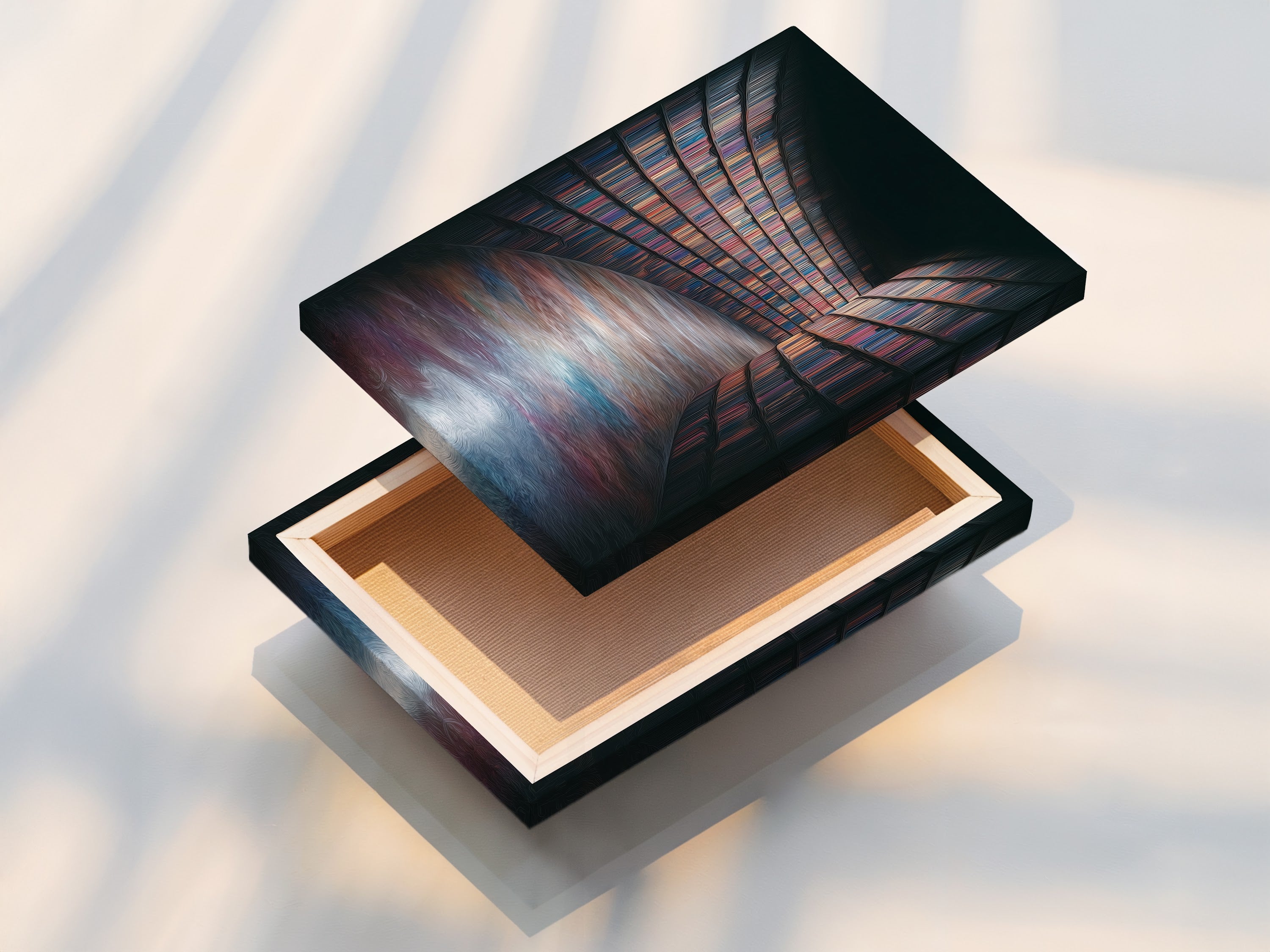 A stretched canvas print displays library bookshelf art. The artwork is taut and ready to hang. This format provides a gallery-like feel. Perfect for showcasing academia artwork. It's a great way to enhance your living space. This canvas print will transform your room.