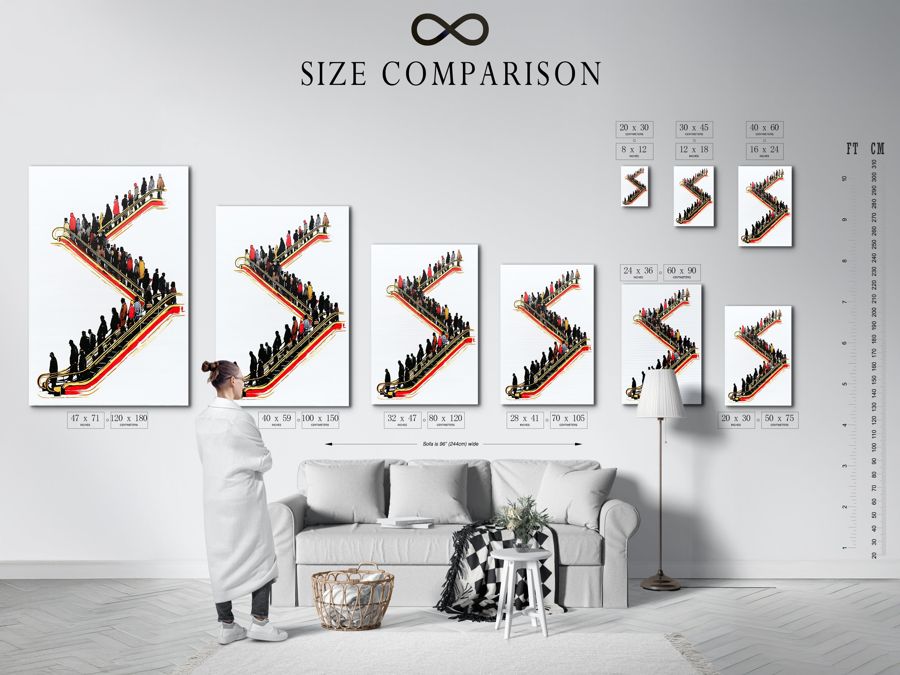 A size comparison chart displayed in an interior setting. This helps visualize the perfect fit for your space. Choose the ideal size for your escalator artwork. Available in various sizes to suit your needs. Enhance your office with modern art.