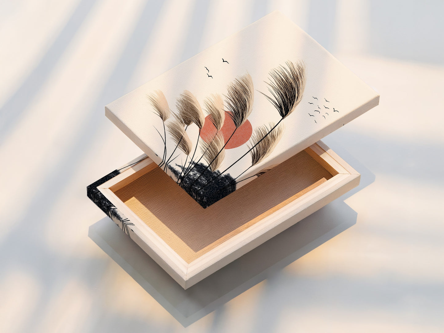 A beautifully stretched canvas print featuring pampas grass artwork. Showcasing the texture and vibrant colors of the sunset canvas. This minimalist print is perfect for adding a touch of nature to your walls. Ideal for bedroom wall decor or living room art. Enhance your space with this botanical art.