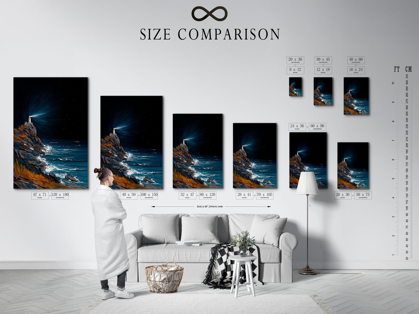 Size comparison chart displayed in an interior setting. Visualize how the lighthouse artwork will look in your space. Available in various sizes to suit your decor needs. Perfect for making informed decisions.
