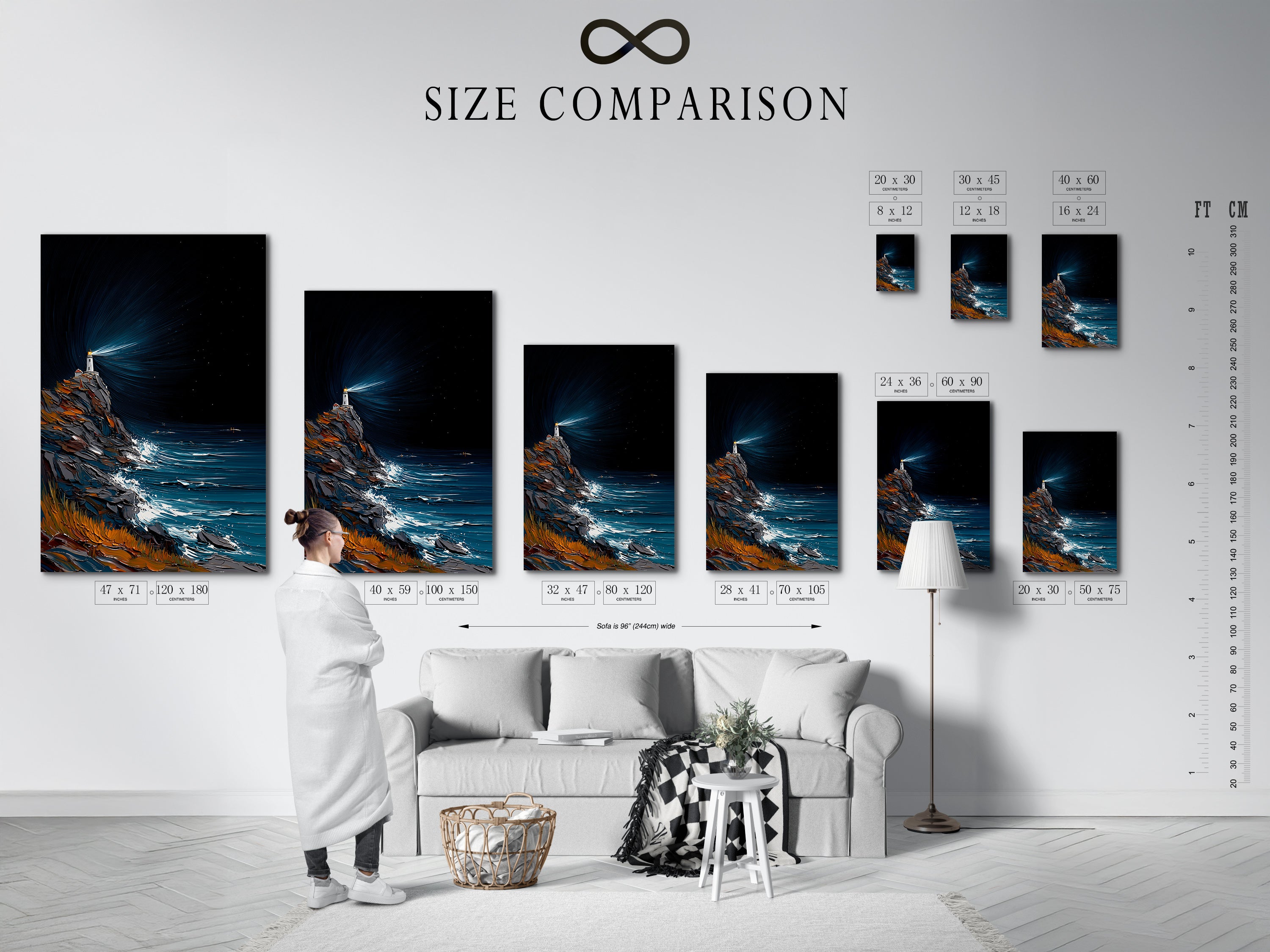 Size comparison chart displayed in an interior setting. Visualize how the lighthouse artwork will look in your space. Available in various sizes to suit your decor needs. Perfect for making informed decisions.