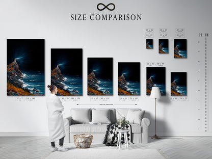 Size comparison chart displayed in an interior setting. Visualize how the lighthouse artwork will look in your space. Available in various sizes to suit your decor needs. Perfect for making informed decisions.