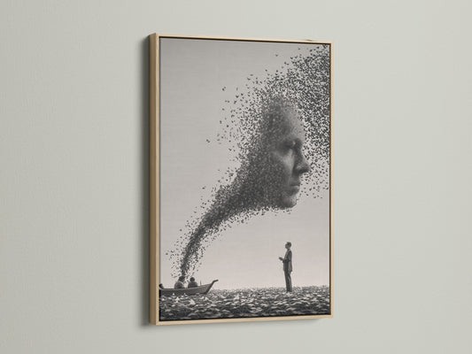 Artwork with an oak frame. The art shows a man on a beach. A face made of birds is also featured. The oak frame enhances the art's overall aesthetic. It brings warmth and natural beauty to the piece. This framed artwork is a great addition to your home decor.
