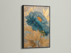 Artwork with a black frame. The art depicts a blue flower. The artwork is framed in a floating frame. The black frame is a classic and timeless look. The artwork is hanging on a white wall.