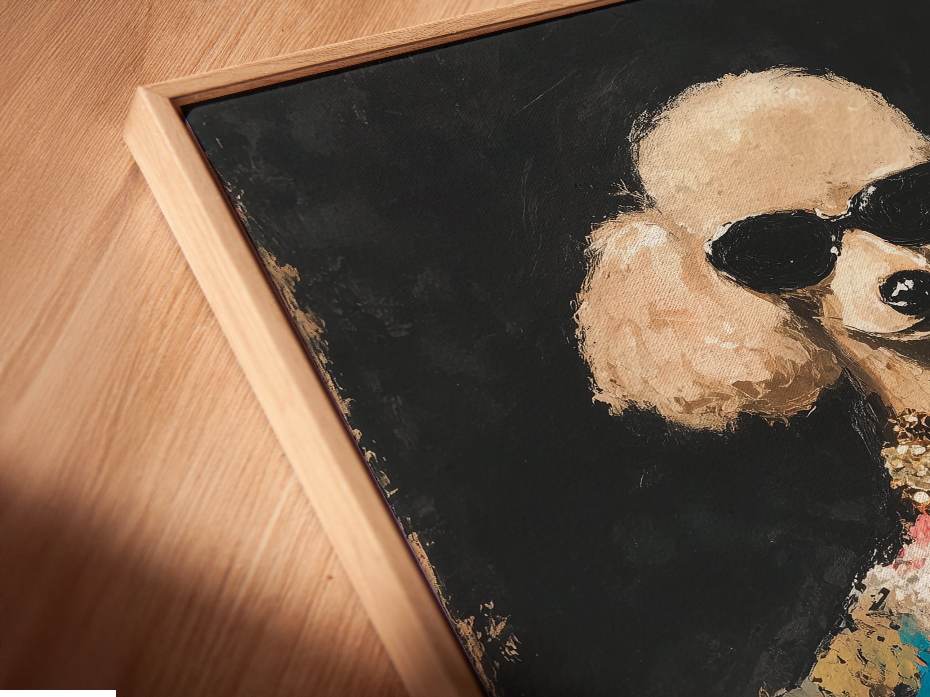 A close-up angled view of a canvas print in a floating frame. Showcasing glamorous poodle art this chic fashion dog wall art is perfect for adding a vintage touch to boutique decor or your living space.
