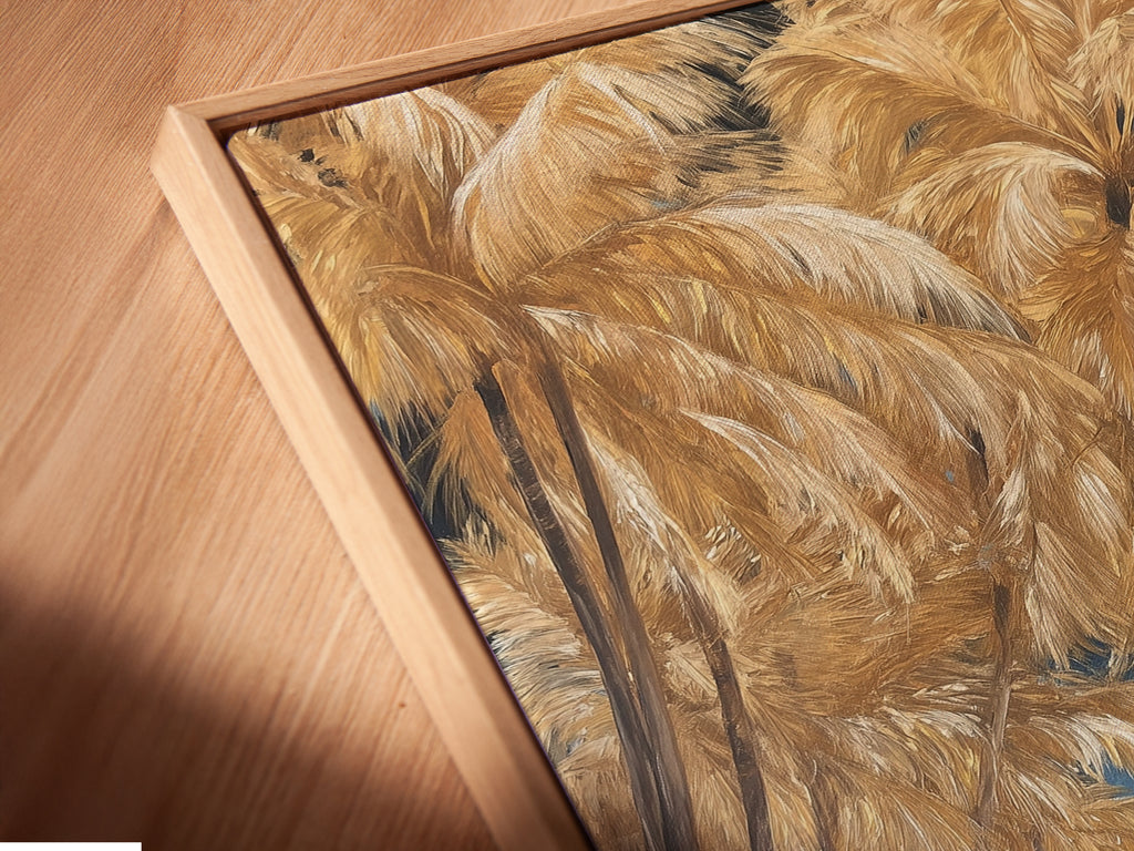 A close-up angled view of a canvas print in a floating frame. This boat art print is a great addition to any room. The floating frame adds a modern touch to this coastal artwork.