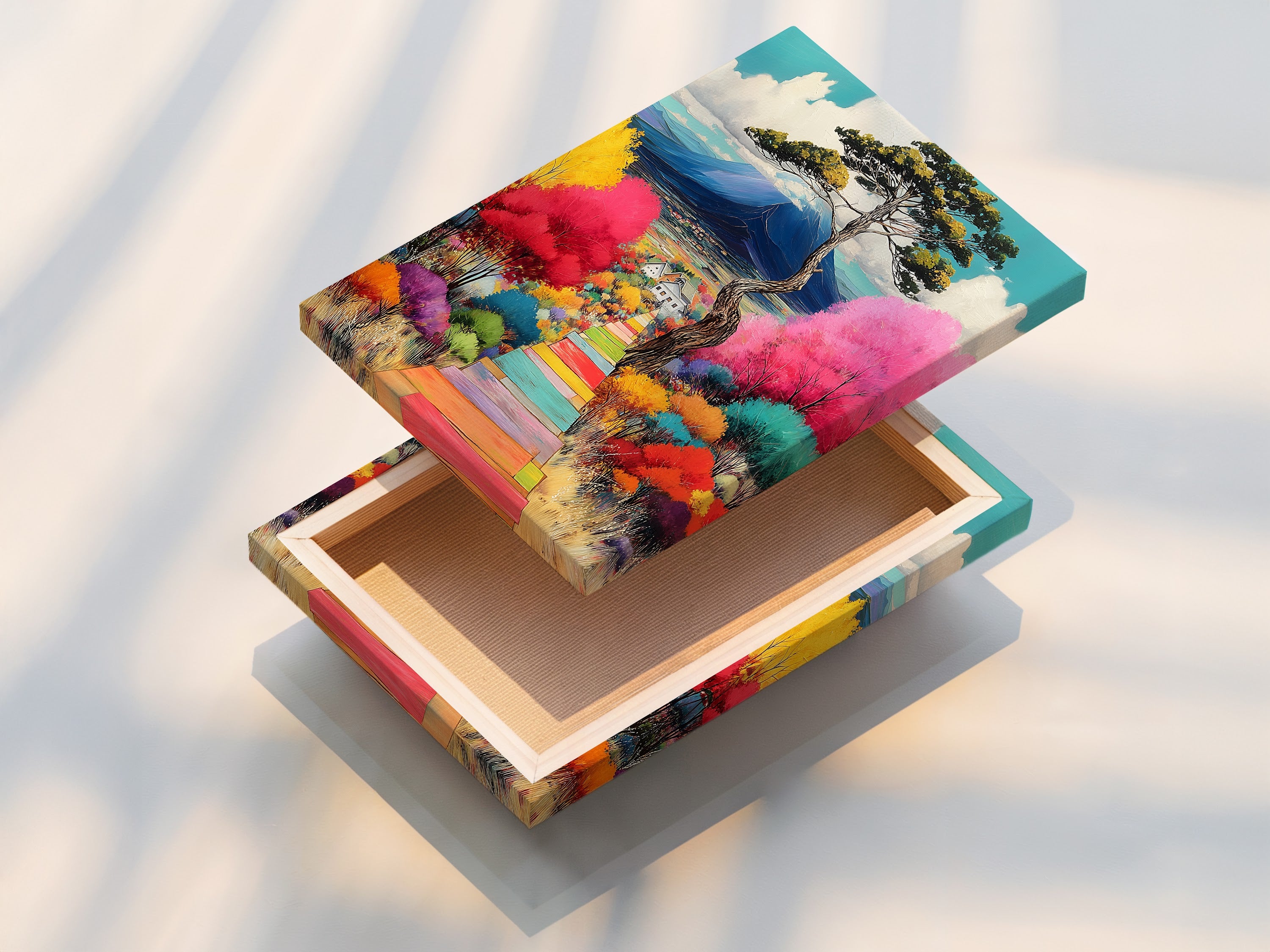 The stretched canvas print showcases a vibrant landscape artwork. The colorful trees and mountain view create a whimsical nature scene. This ready-to-hang artwork adds a modern touch to any home wall decor.