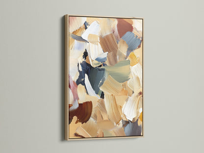 Abstract artwork in an oak frame. The artwork has brushstrokes of beige brown blue and green. The frame is a natural oak wood. Enhance your home decor with framed art. Discover the beauty of oak framed artwork.