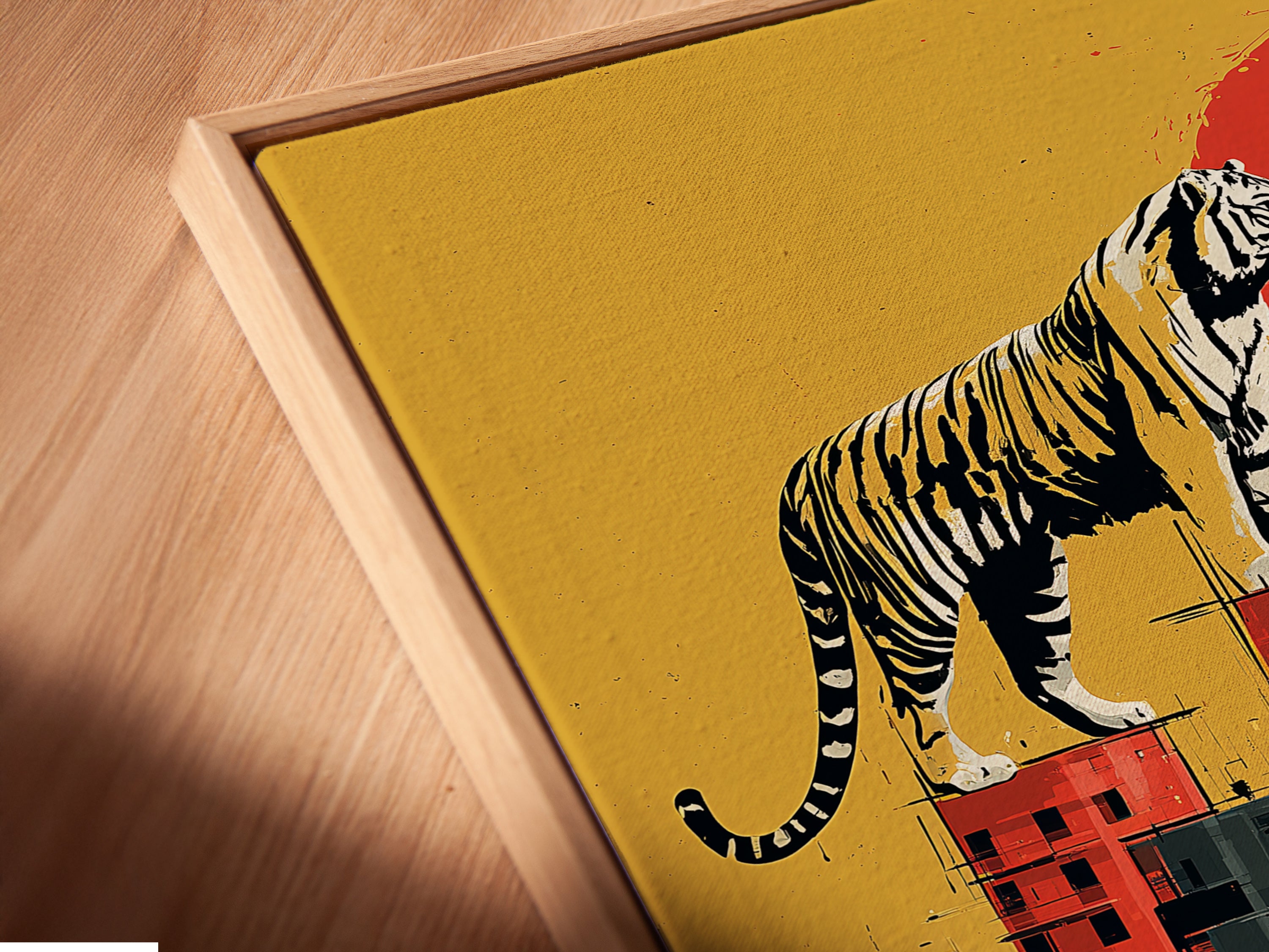 A close-up angled view of a canvas print in a floating frame. The floating frame enhances the modern artwork. It gives a gallery-like appearance. This urban wildlife art looks stunning. Perfect for showcasing surreal wall art. The floating frame adds depth and dimension. Explore the beauty of contemporary art.