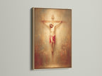 Artwork of Jesus Christ on the cross is beautifully displayed within a oak frame. This frame option showcases the art piece elegantly. The oak frame provides a natural and warm aesthetic. Ideal for adding a touch of rustic charm to your decor. Explore this option to enhance the beauty of your artwork.