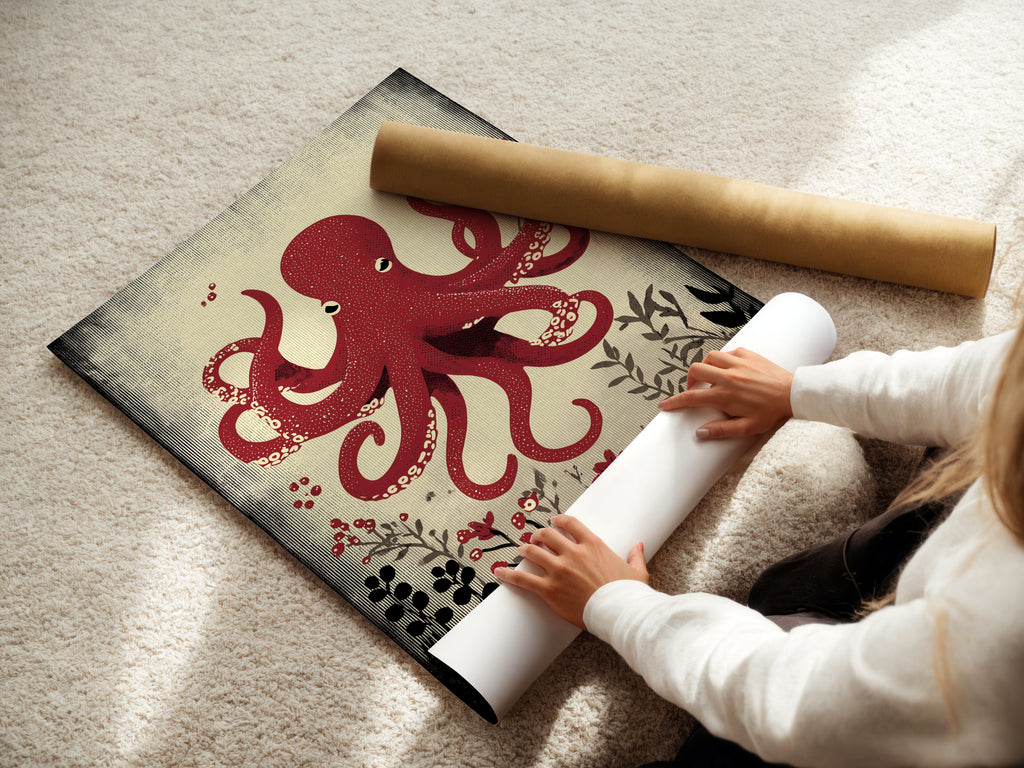 A woman carefully rolls a fine art poster paper featuring the red octopus artwork. Showcasing the quality and care in handling our prints. Nautical art ready to be framed and displayed in your home. Shop today.