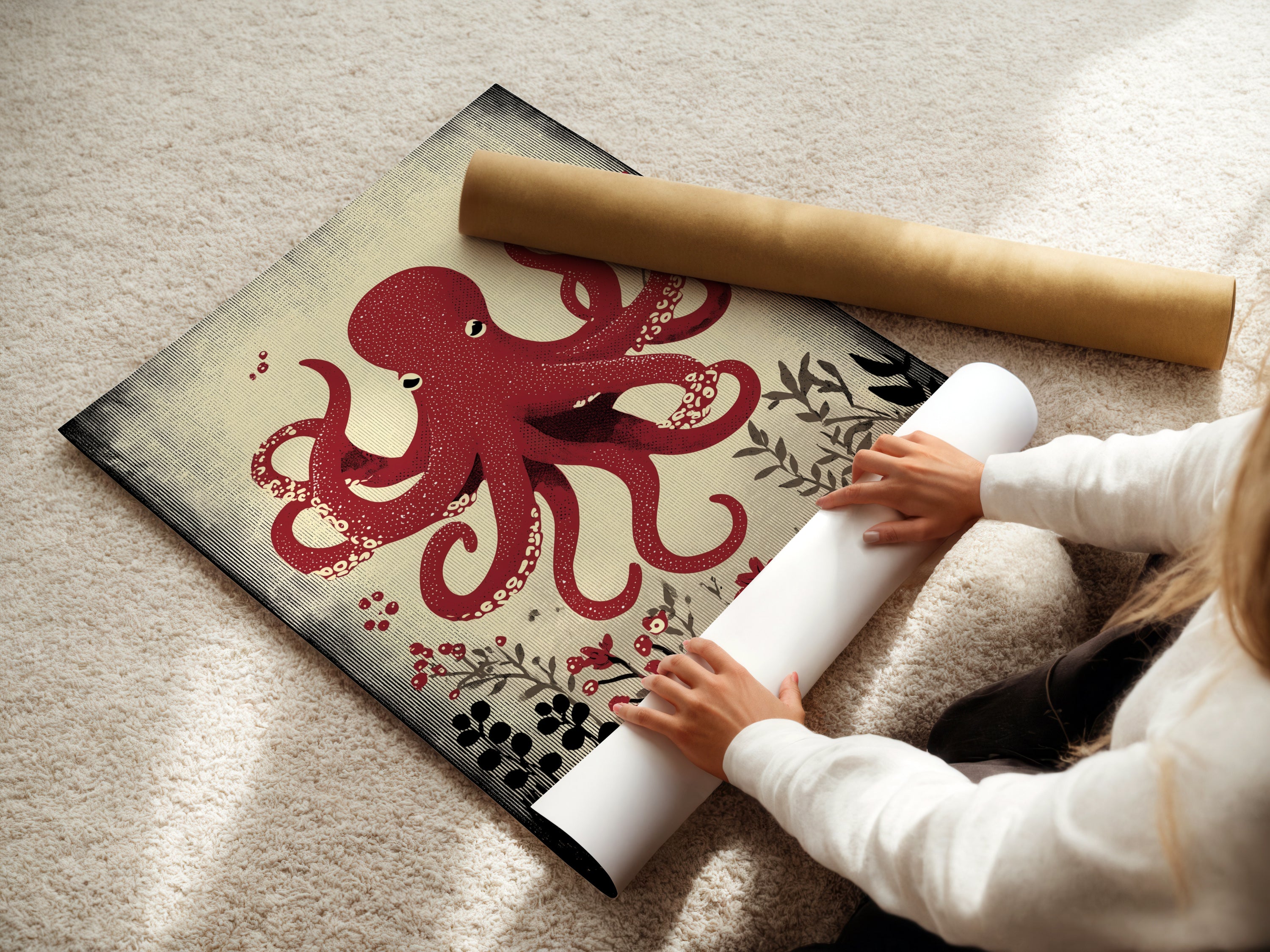 A woman carefully rolls a fine art poster paper featuring the red octopus artwork. Showcasing the quality and care in handling our prints. Nautical art ready to be framed and displayed in your home. Shop today.