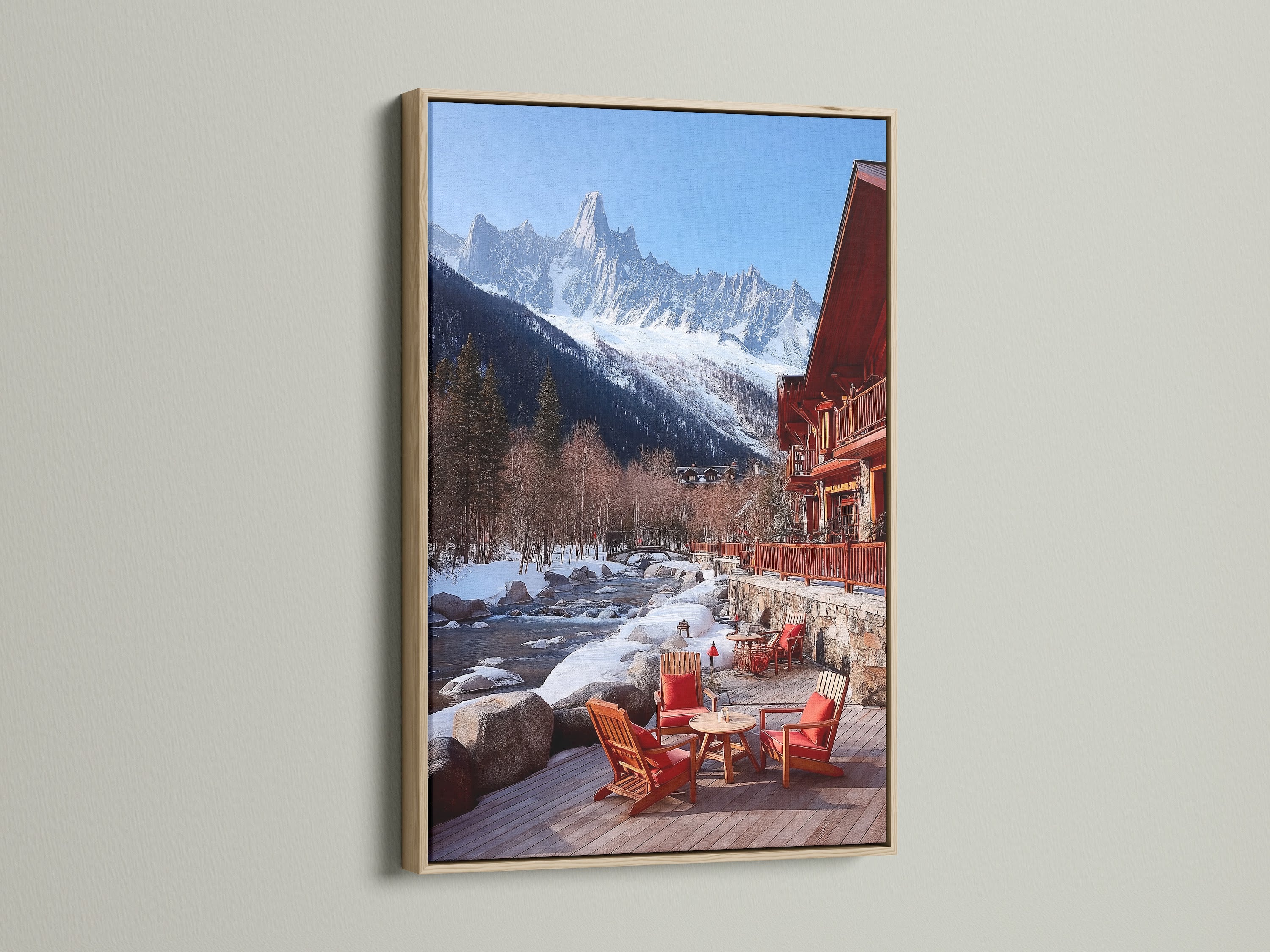 A stunning mountain chalet canvas artwork is framed in oak. The snowy Alps scene brings a rustic touch. It's perfect as lodge artwork for cabin decor. The oak frame enhances the natural beauty. This piece adds warmth to any room.
