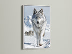 A beautiful wolf artwork is displayed in a white frame. This winter wall art captures the essence of wildlife. It's ideal for adding a touch of nature to any room. This is a thoughtful gift for nature enthusiasts.