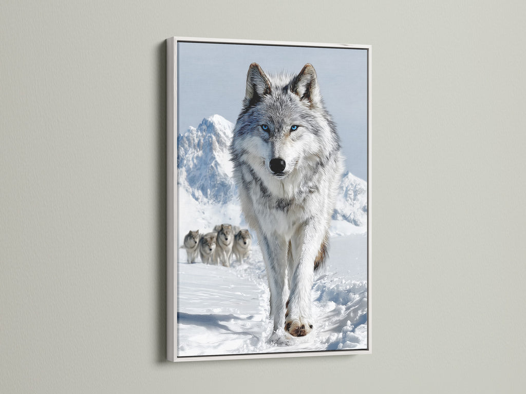 A captivating wolf pack artwork is presented in a white frame. The winter landscape poster enhances cabin decor. Wildlife artwork brings a touch of wilderness indoors. This animal artwork complements rustic or Scandinavian styles. Perfect for living rooms or cabins.