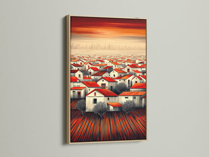 The 'Red Roof Village' artwork is displayed in an oak frame. This Mediterranean town artwork brings rustic charm to your walls. The warm tones and detailed landscape create a cozy atmosphere. Perfect for home decor.