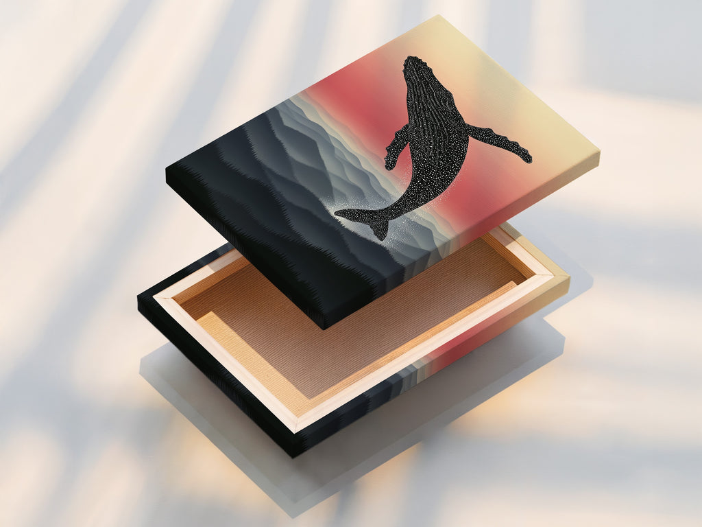 Here is a stretched canvas print of the whale artwork. The mountain landscape wall art looks stunning. This minimalist nature poster enhances any bedroom decor. The stretched canvas is ready to hang.