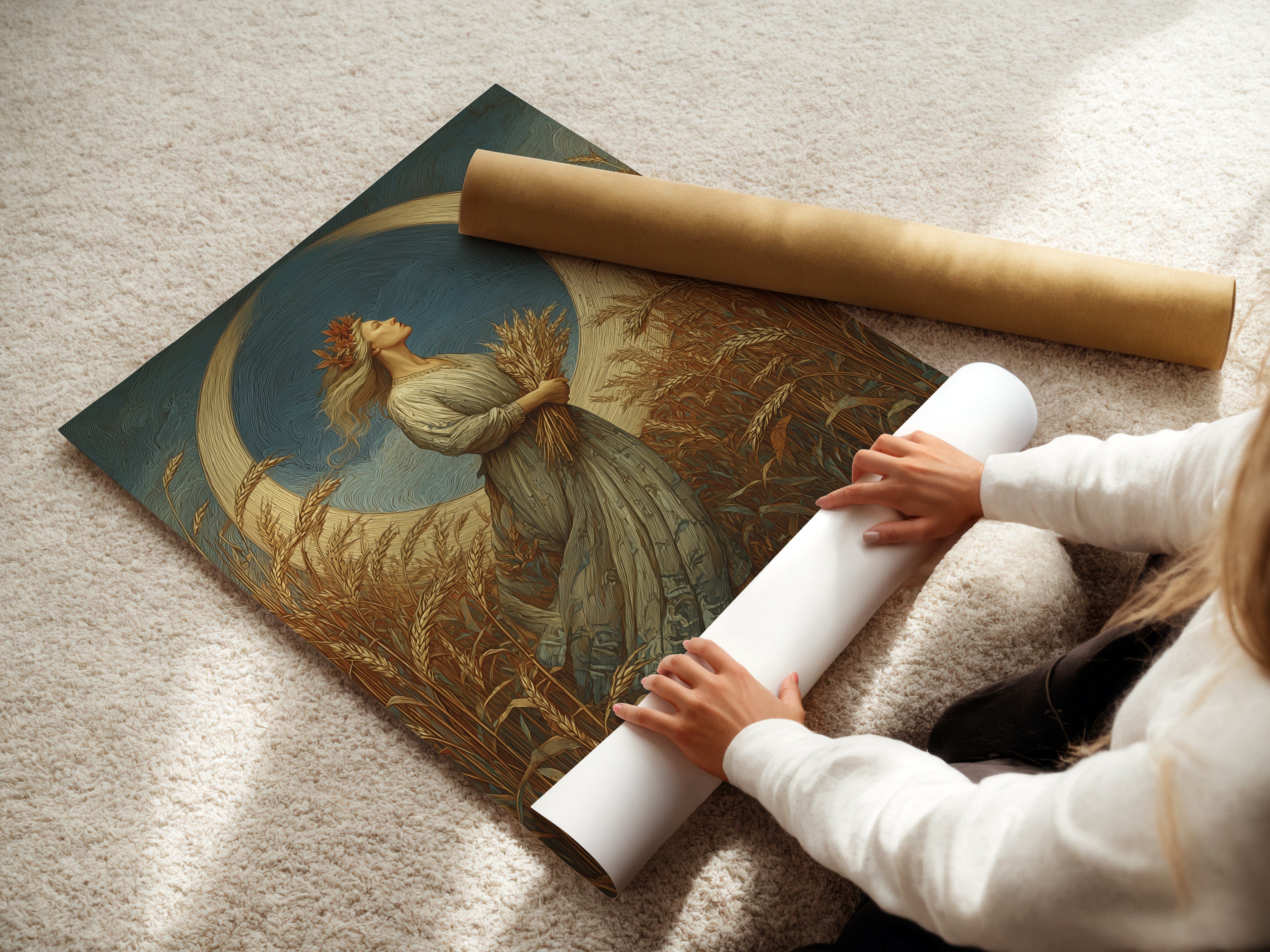 A woman is carefully rolling a fine art poster paper. She is handling the paper with precision. She ensures a smooth surface for display. High-quality materials are essential for fine art. Discover premium fine art poster options.