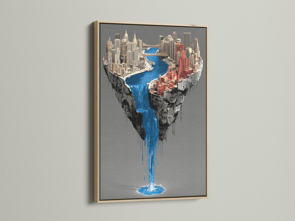 A captivating oak frame encases a surreal city waterfall artwork. This piece features a floating island canvas print. The urban wall art brings a contemporary touch to any space. Its unique waterfall print enhances modern office decor. This artwork is a stunning blend of fantasy and architecture.