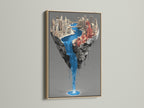 A captivating oak frame encases a surreal city waterfall artwork. This piece features a floating island canvas print. The urban wall art brings a contemporary touch to any space. Its unique waterfall print enhances modern office decor. This artwork is a stunning blend of fantasy and architecture.