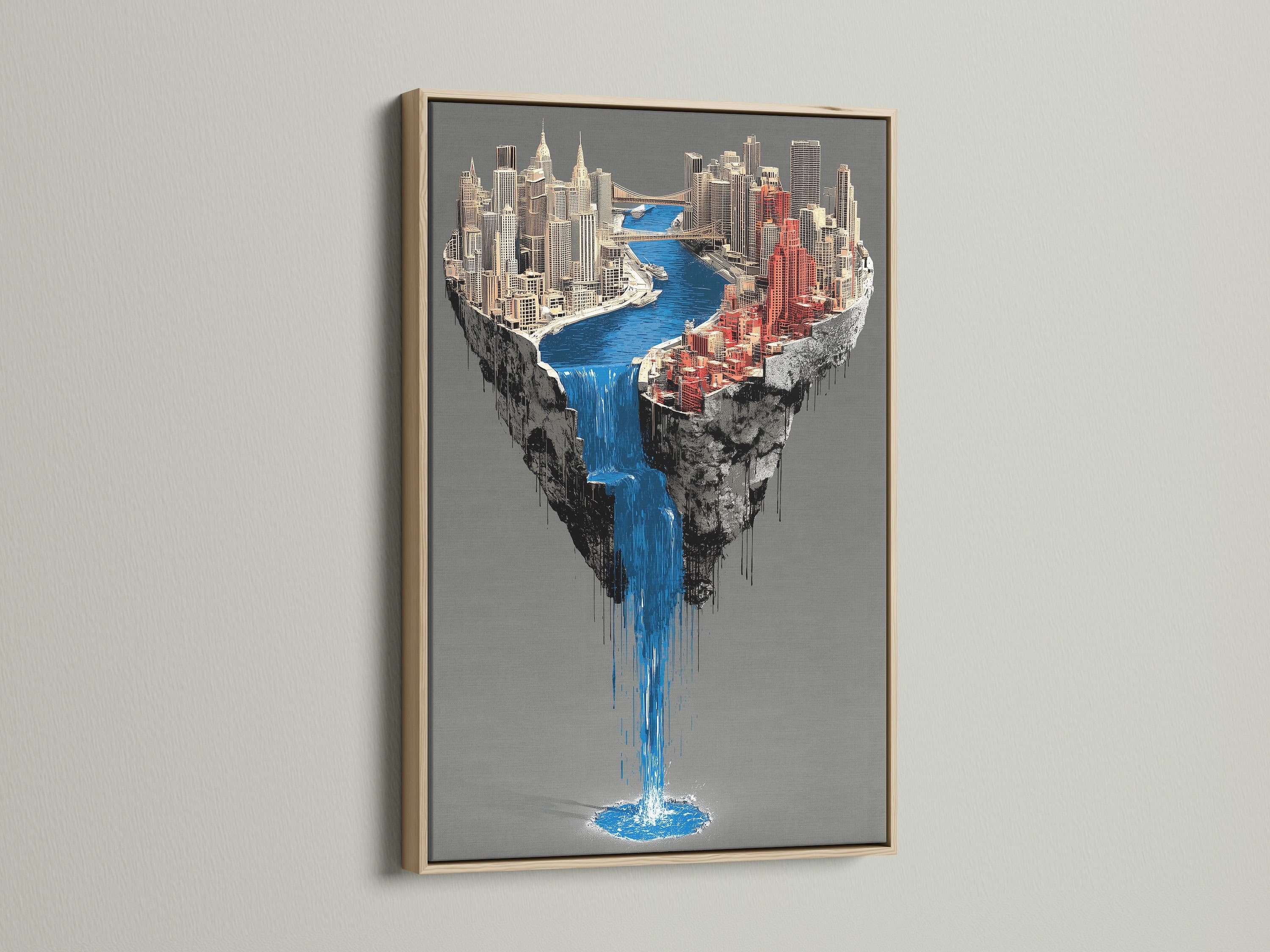 A captivating oak frame encases a surreal city waterfall artwork. This piece features a floating island canvas print. The urban wall art brings a contemporary touch to any space. Its unique waterfall print enhances modern office decor. This artwork is a stunning blend of fantasy and architecture.