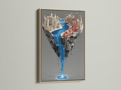 A captivating oak frame encases a surreal city waterfall artwork. This piece features a floating island canvas print. The urban wall art brings a contemporary touch to any space. Its unique waterfall print enhances modern office decor. This artwork is a stunning blend of fantasy and architecture.