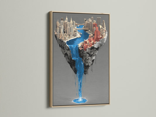 A captivating oak frame encases a surreal city waterfall artwork. This piece features a floating island canvas print. The urban wall art brings a contemporary touch to any space. Its unique waterfall print enhances modern office decor. This artwork is a stunning blend of fantasy and architecture.