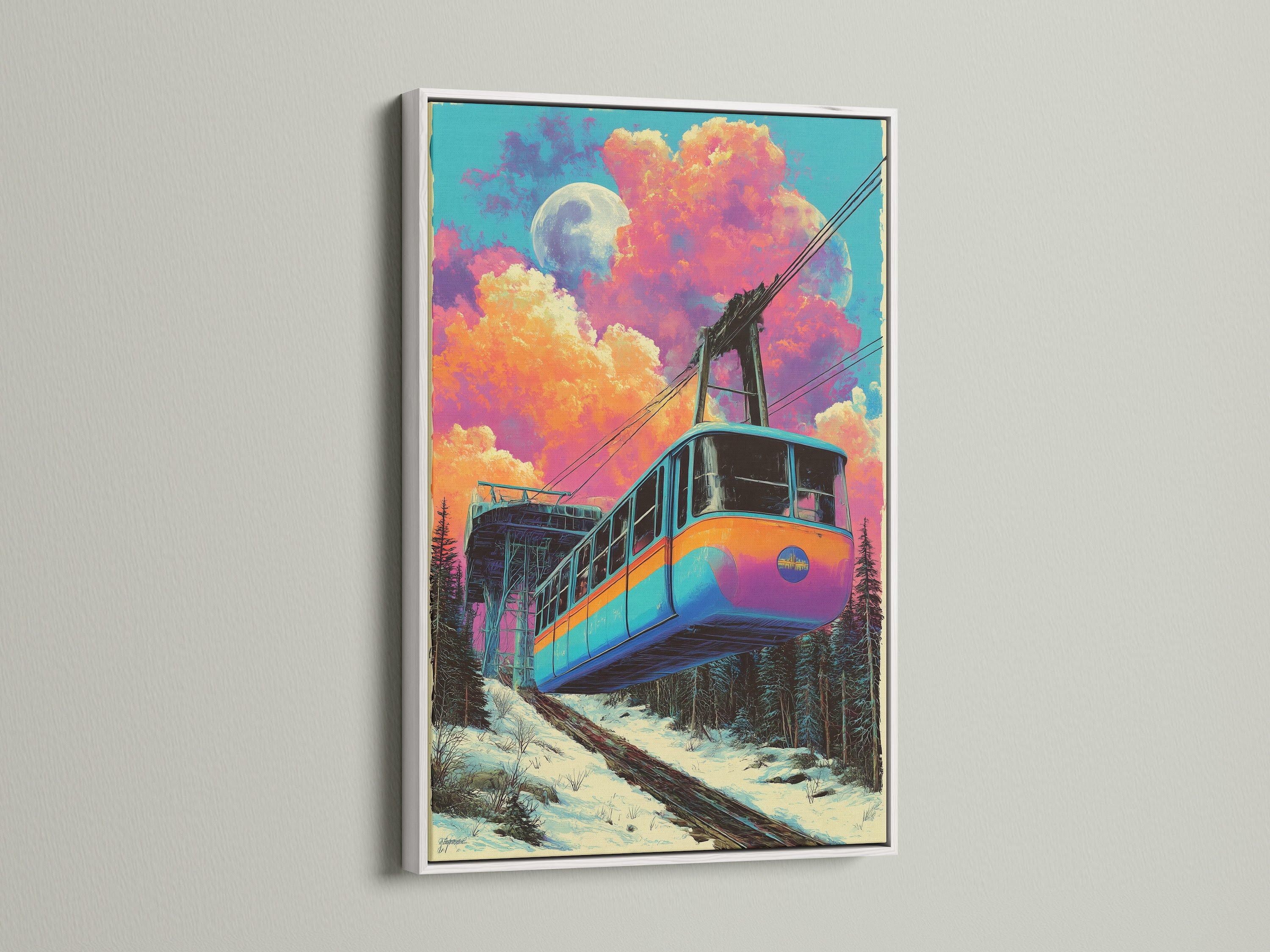 Retro cable car artwork with a white frame. This vintage ski lift artwork creates a clean and modern look. The colorful mountain railway canvas brightens any space. This railway art print is perfect for contemporary homes.