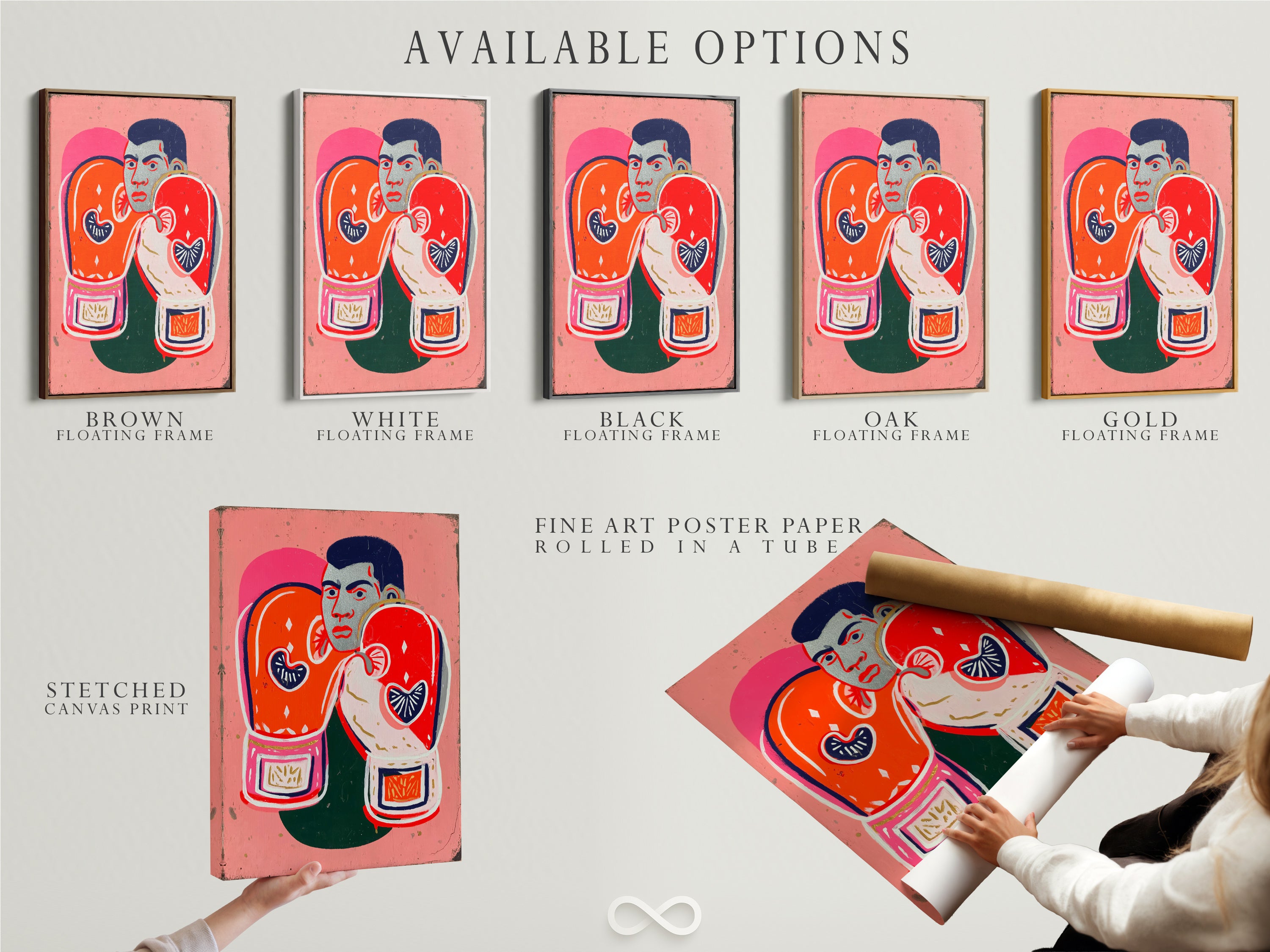 Various options available for the boxing legend artwork. Options include stretched canvas print fine art poster paper and floating frame. Choose the perfect style for your space. Retro pop art for gym decor or sports bar art.