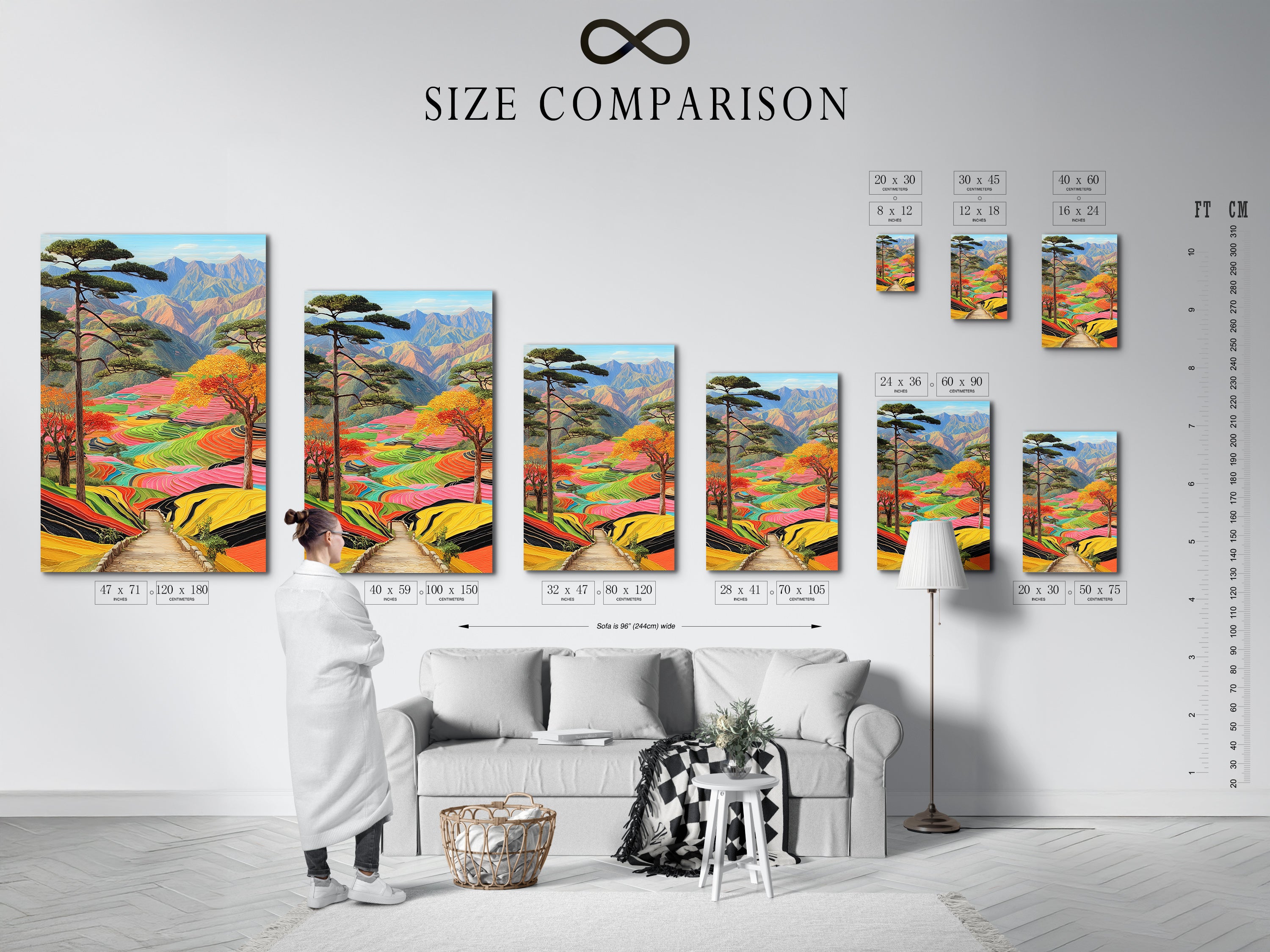 Size comparison chart in an interior setting. See the terraced rice fields artwork in various sizes. Visualize the perfect fit for your space. Find the ideal mountain canvas for your wall.
