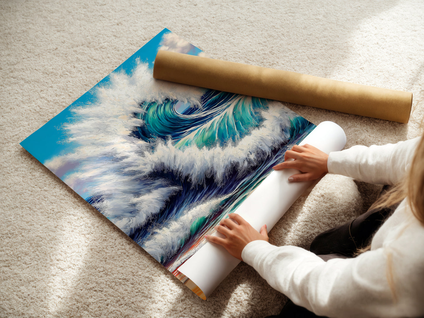 A woman is carefully rolling a fine art poster paper. This ensures the ocean wave artwork arrives in perfect condition. The teal seascape canvas print is protected. High-quality materials preserve the beach print. Perfect for ocean lovers.